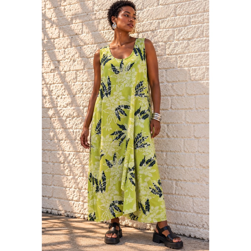 Vintage Tiki Palm Green Cotton Rayon Tropical Floral Sleeveless Midi Dress XLG